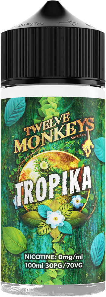 A bottle of Tropika Twelve Monkeys 100ml Shortfill 0mg Nicotine Vape Juice with a colorful label featuring exotic fruits and leaves.
