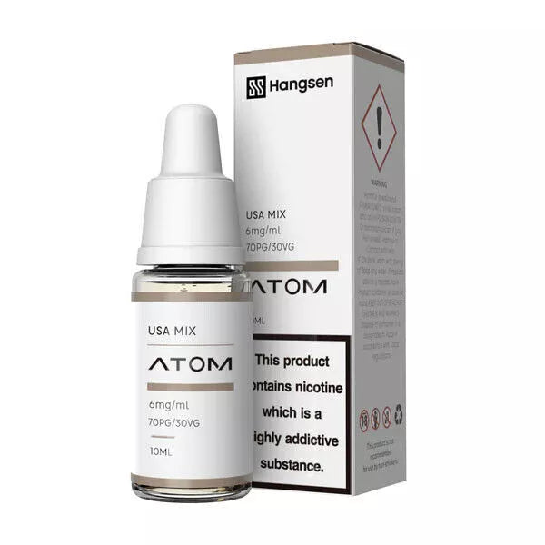 A bottle of Hangsen USA Mix e-liquid with a nicotine strength of 18mg/10ml, alongside its packaging box which warns about nicotine content.