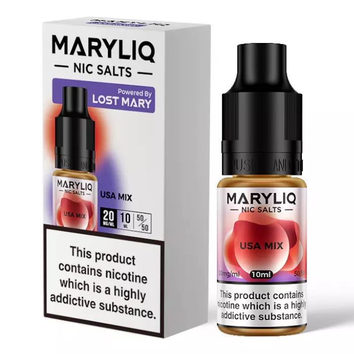 A 10ml bottle of MARY LIQ Nic Salt Vape Juice by Lost Mary E Liquid, with a concentration of 20mg/ml. The product packaging is predominantly white and purple, with a black dropper and a label indicating it is a product made in the USA.