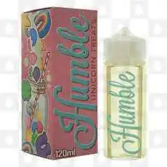 100ml shortfill bottle of Humble Juice E-Liquid in Unicorn Treats flavor, 80/20 VG/PG ratio for rich flavor and massive clouds, nicotine-free with space for nic shots, perfect for sub-ohm vaping.