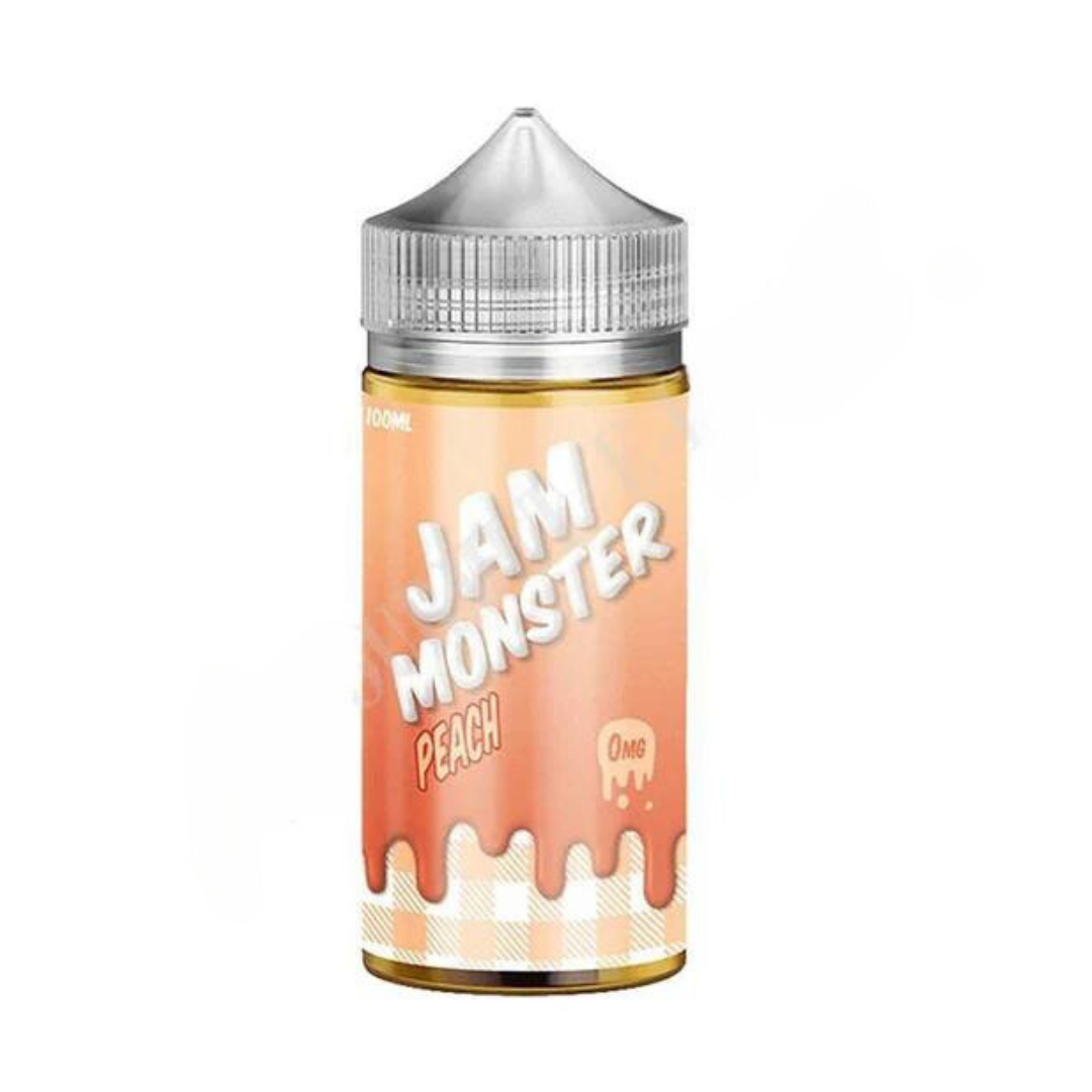 100ml shortfill bottle of Jam Monster E-Liquid in Peach flavor, crafted with a 75VG/25PG blend for bold flavor and thick clouds, TPD-compliant and nicotine-free with space for nic shots.