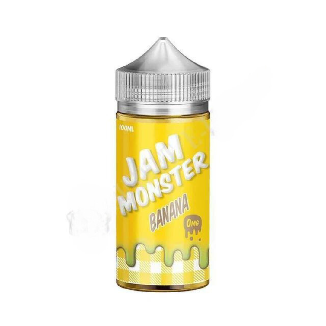 100ml shortfill bottle of Jam Monster E-Liquid in Banana flavor, crafted with a 75VG/25PG blend for bold flavor and thick clouds, TPD-compliant and nicotine-free with space for nic shots.