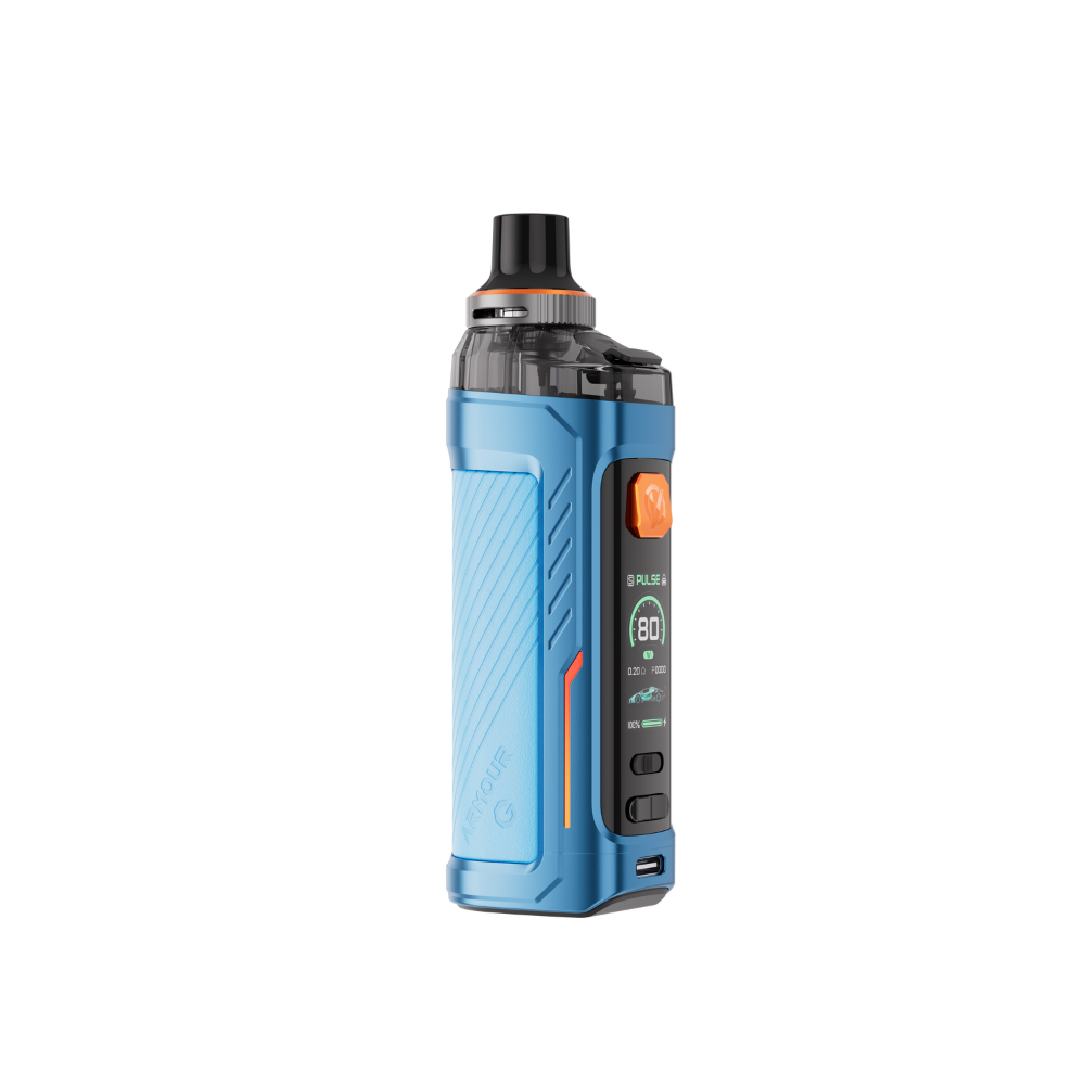 Vaporesso Armour G Vape Pod Mod Kit in Blue – rugged and ergonomic vape device with a leather-textured finish, high power output, and smart chipset technology.