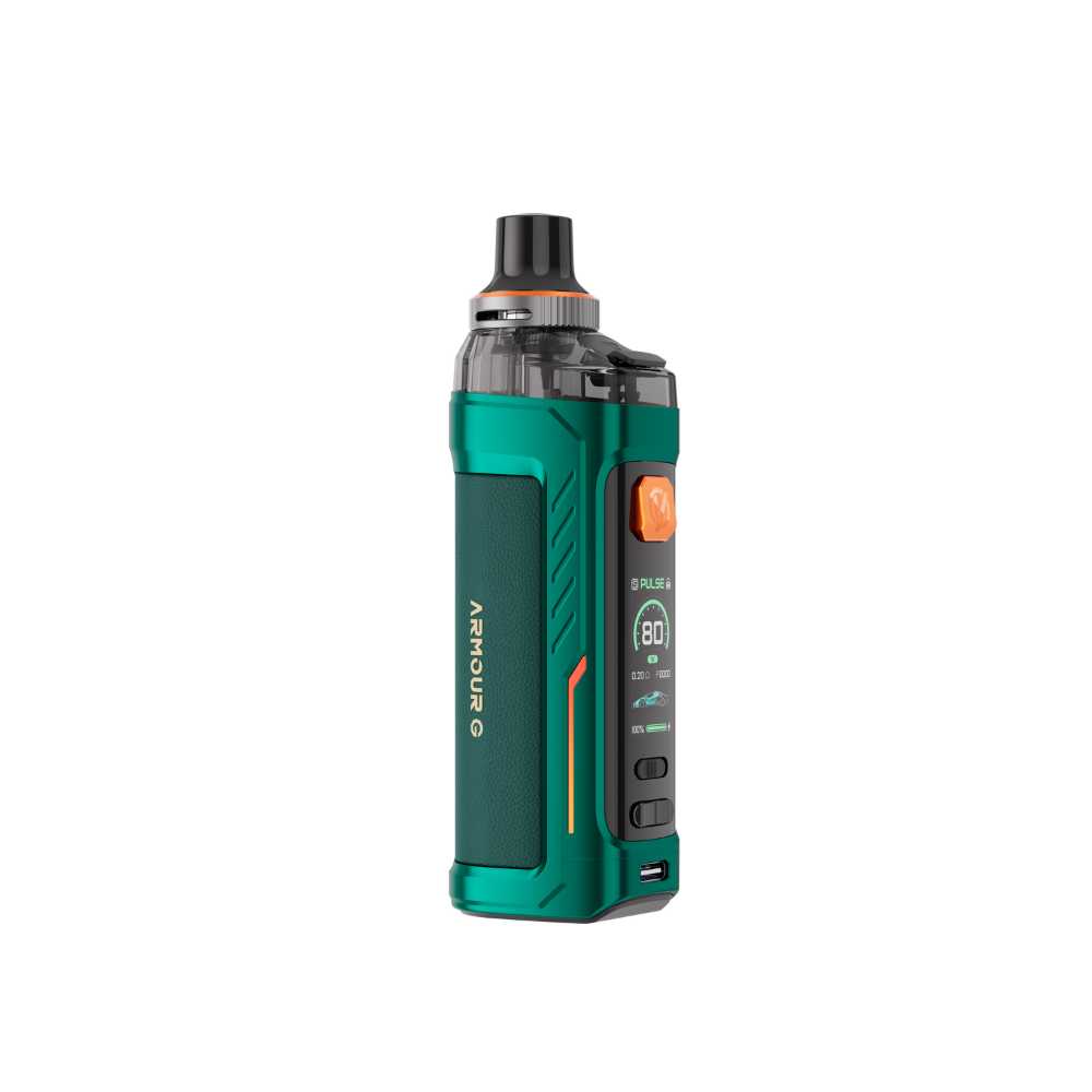 Vaporesso Armour G Vape Pod Mod Kit in Green – rugged and ergonomic vape device with a leather-textured finish, high power output, and smart chipset technology.