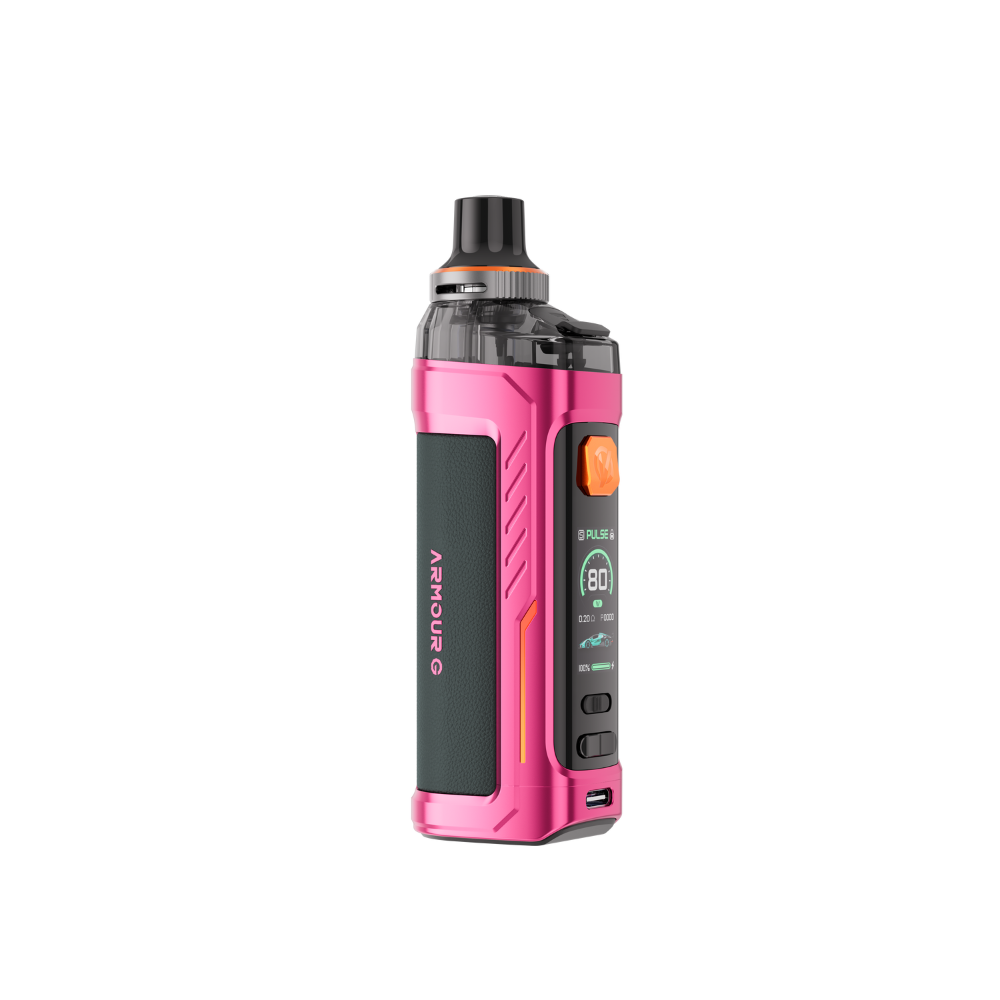 Vaporesso Armour G Vape Pod Mod Kit in Pink – rugged and ergonomic vape device with a leather-textured finish, high power output, and smart chipset technology.