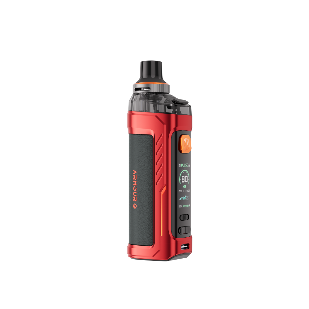Vaporesso Armour G Vape Pod Mod Kit in Red – rugged and ergonomic vape device with a leather-textured finish, high power output, and smart chipset technology.