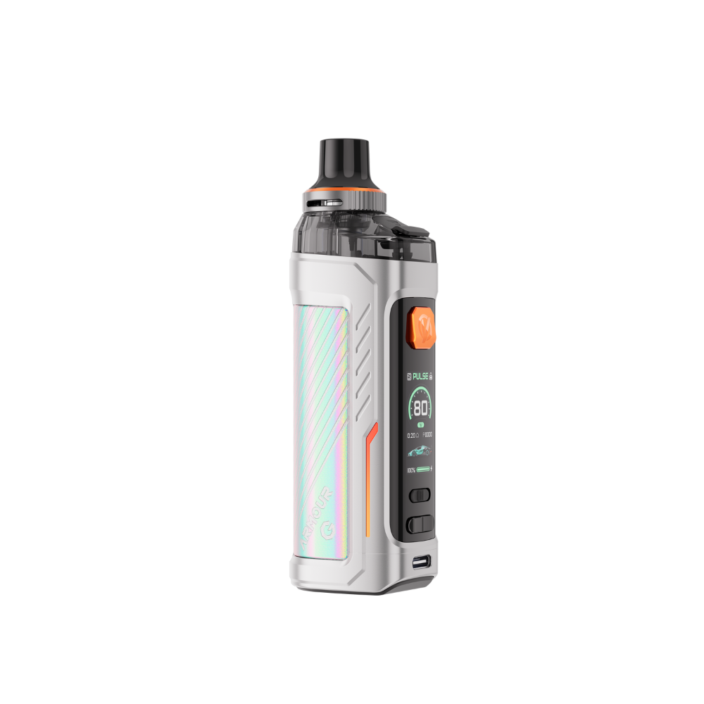 Vaporesso Armour G Vape Pod Mod Kit in Silver – rugged and ergonomic vape device with a leather-textured finish, high power output, and smart chipset technology.