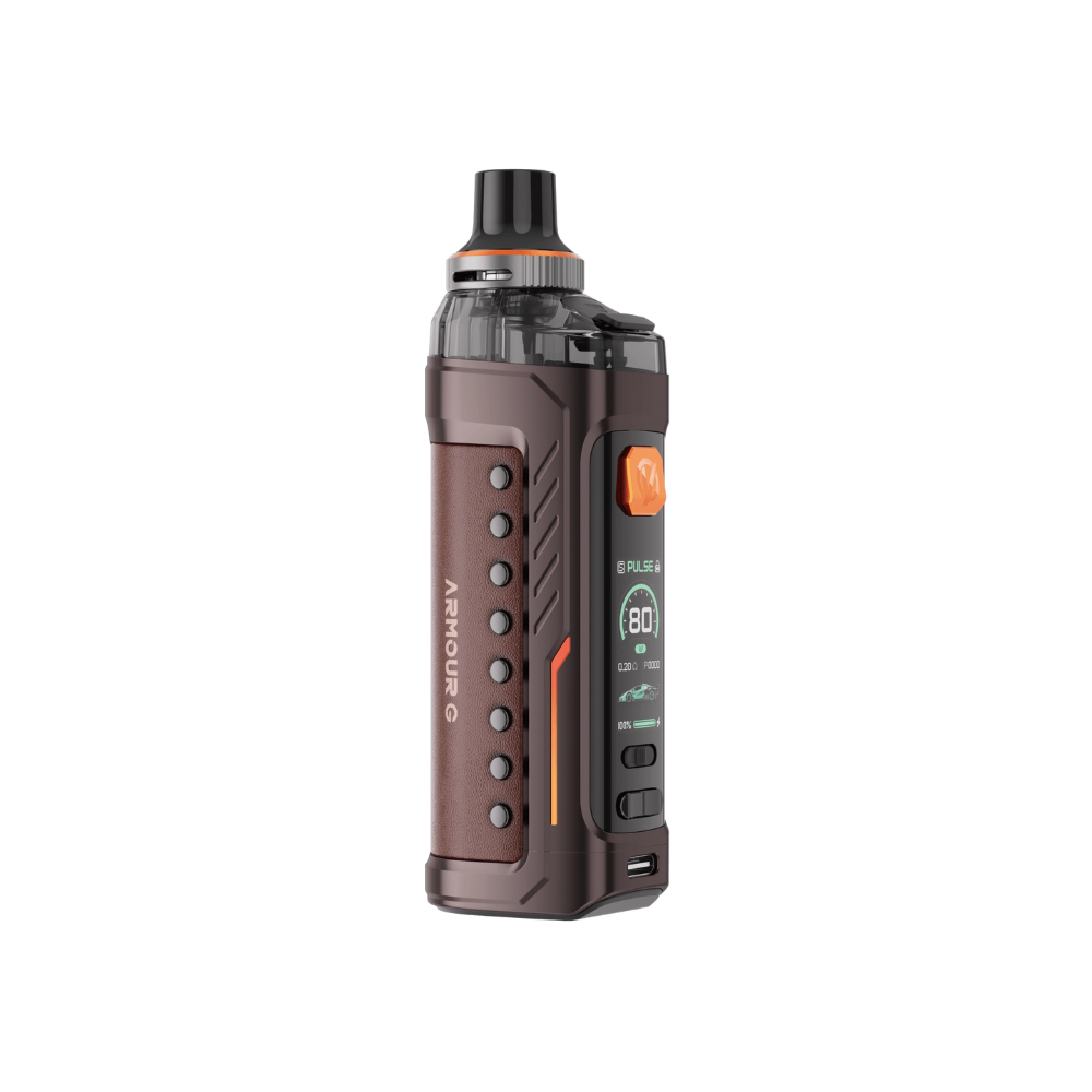 Vaporesso Armour G Vape Pod Mod Kit in Brown – rugged and ergonomic vape device with a leather-textured finish, high power output, and smart chipset technology.