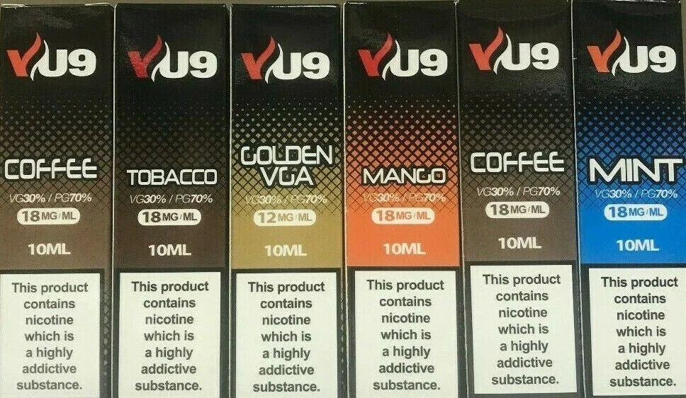VU9 E-Liquid 10ml Bottles – pack of 20, 70/30 PG/VG blend, available in 6mg, 12mg, or 18mg nicotine strength.