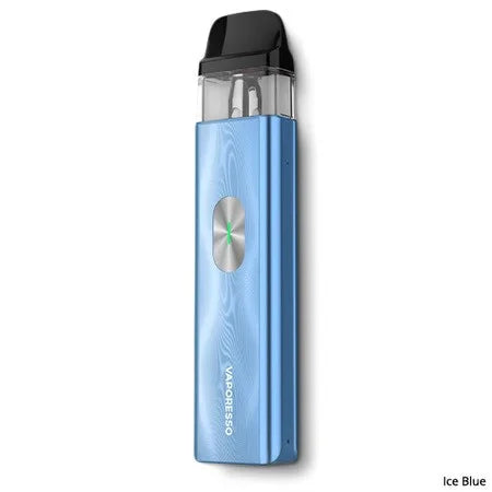 Vaporesso XROS 4 Mini Pods Kit in Ice Blue – compact and stylish vape device with a draw-activated design, and consistent flavor delivery using COREX heating technology.