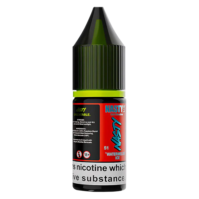 Nasty Salt Watermelon Ice Nic Salt Vape Juice – sleek 10 ml bottle with smooth nicotine salts, dropper top for convenient pod-system filling.