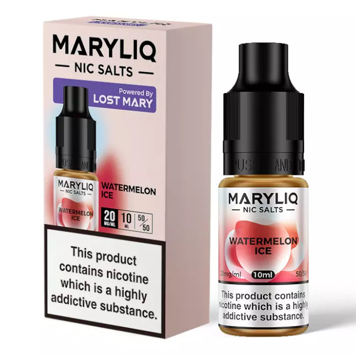 Packaging and bottle of Watermelon Ice MARY LIQ by Lost Mary E Liquid - Nic Salt Vape Juice 10ml/20mg/ml, featuring a watermelon slice image and product details.