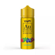 Bottle of Kingston AU Gold Zingberry 100 ml shortfill e‑liquid featuring metallic gold packaging with bold black AU Gold logo, vivid multicolor fruit graphics hinting at berries, citrus, and mint, and flavor name ‘Zingberry’ prominently displayed—designed for 70VG/30PG sub‑ohm vaping systems.