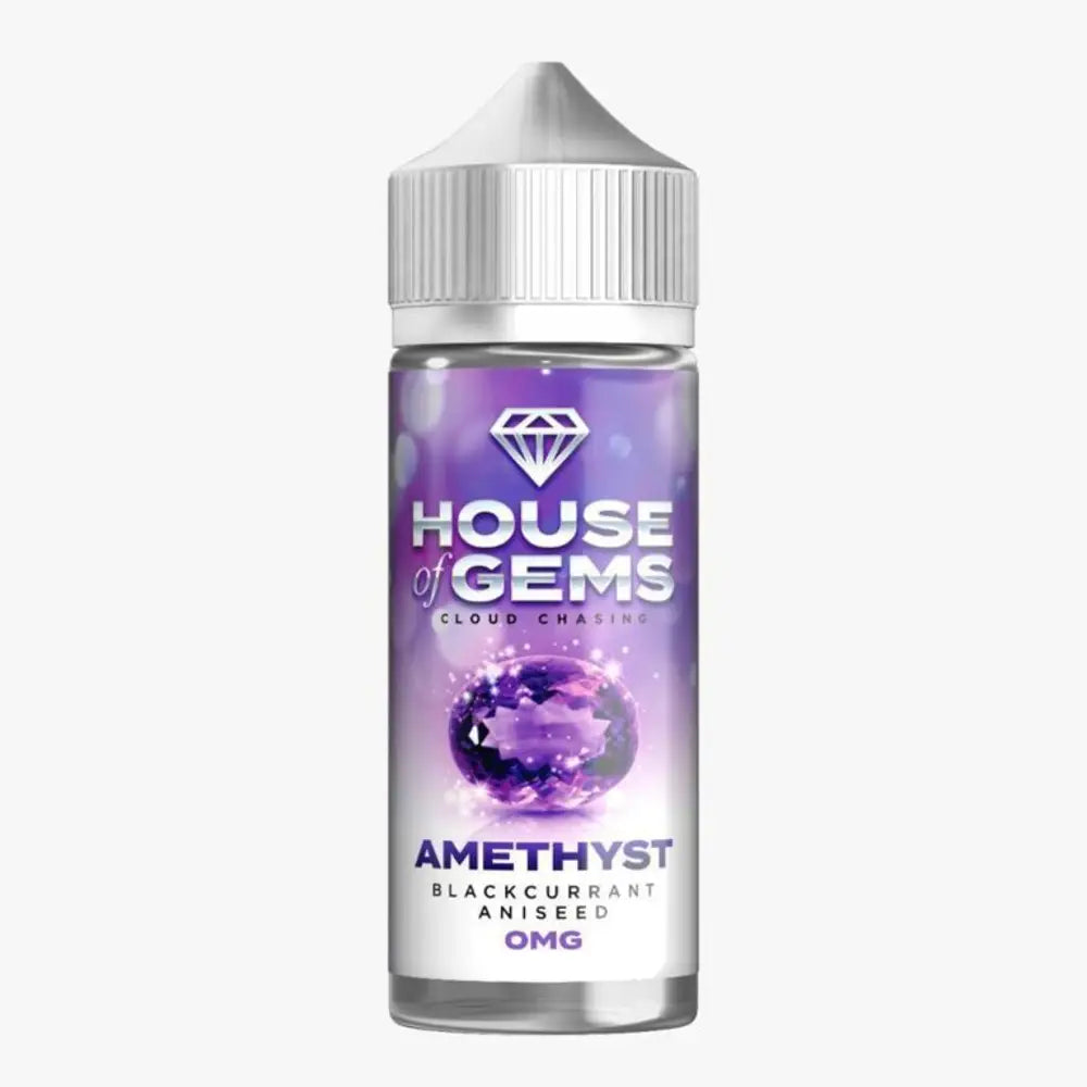 100ml shortfill bottle of Gemstone House of Gems E-Liquid in Amethyst flavor, offering a luxurious and smooth vape with rich fruity notes; nicotine-free with space for nic shots, crafted for premium flavor and dense cloud production.