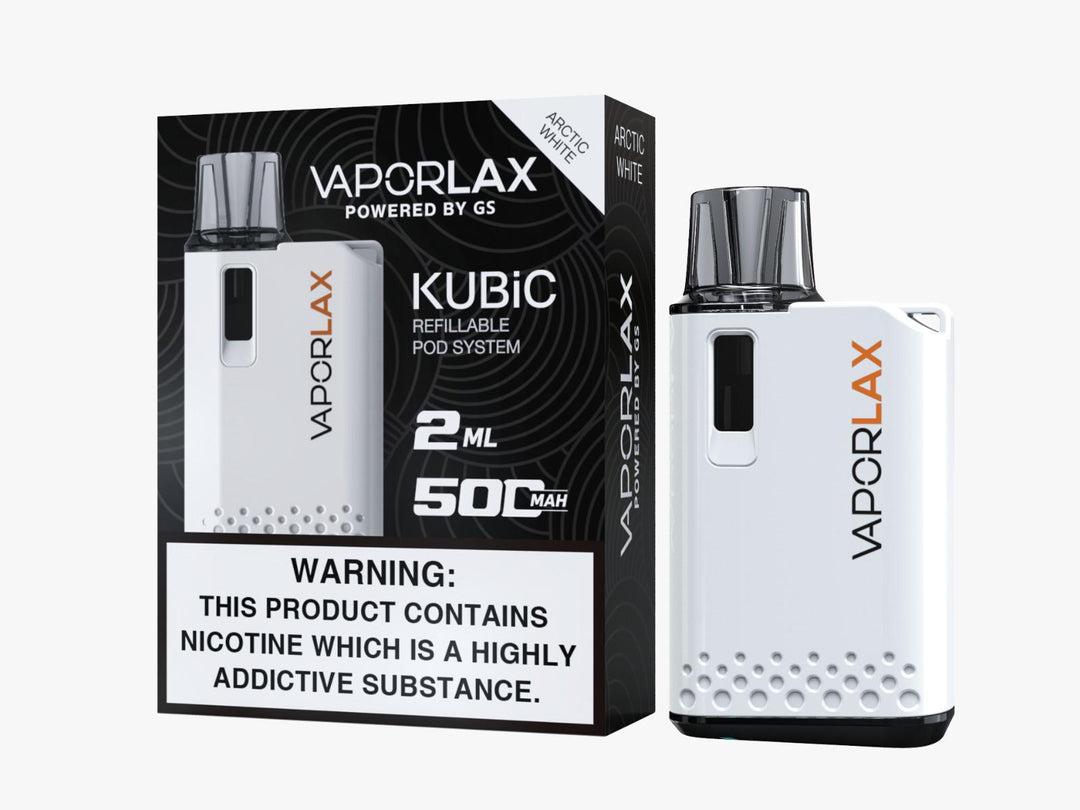 Vaporlax Kubic Refillable Pod Kit in Arctic White – compact and stylish refillable vape device with a smooth draw activation, and user-friendly design.