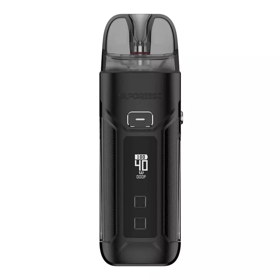 Vaporesso LUXE X Pro Pod Kit in Black – advanced vape device with a sleek black finish, customizable power settings, and COREX heating tech for smooth, flavorful performance.