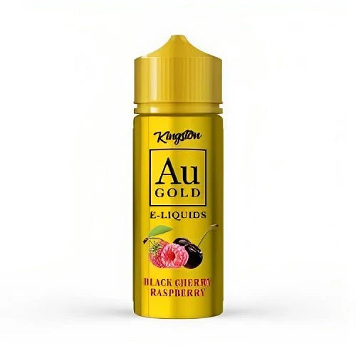 100ml shortfill bottle of Kingston AU Gold E-Liquid in Black Cherry Raspberry flavor, crafted with a premium high-VG formula, nicotine-free with space for nic shots.