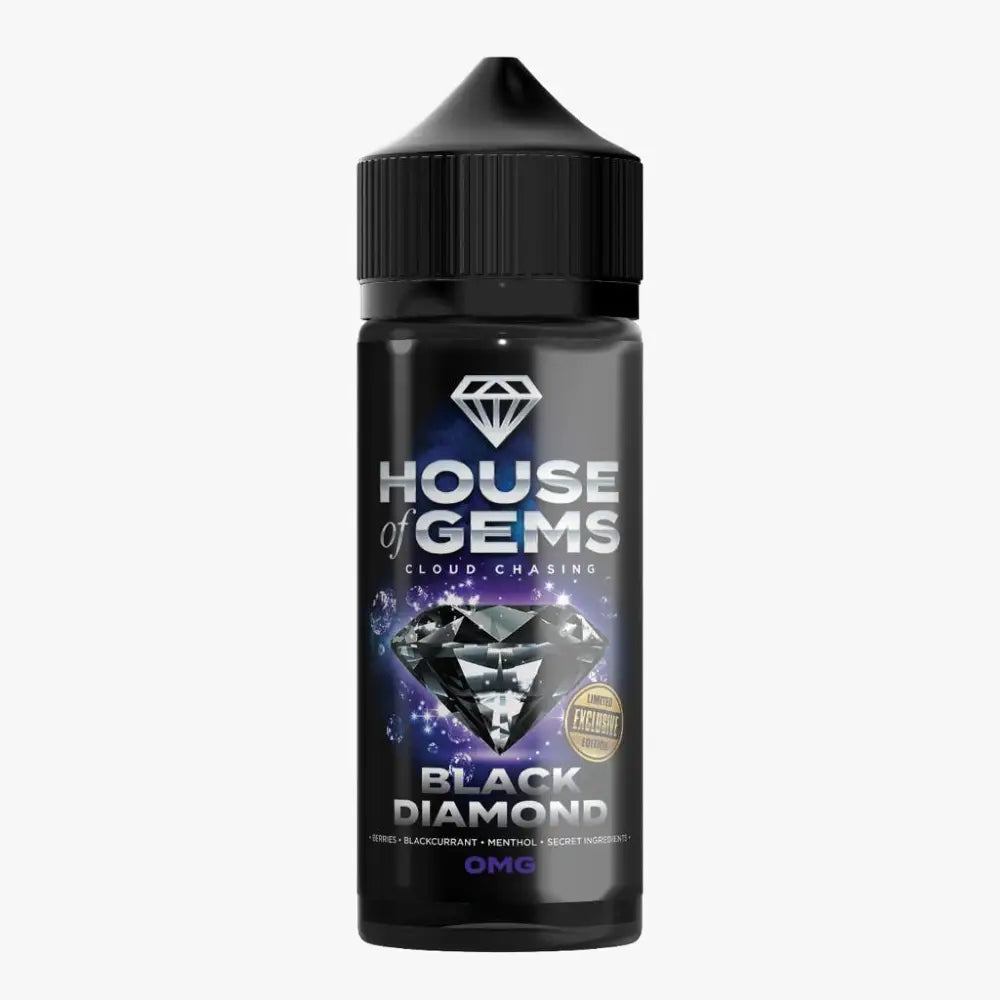 100ml shortfill bottle of Gemstone House of Gems E-Liquid in Black Diamond flavor, offering a luxurious and smooth vape with rich fruity notes; nicotine-free with space for nic shots, crafted for premium flavor and dense cloud production.