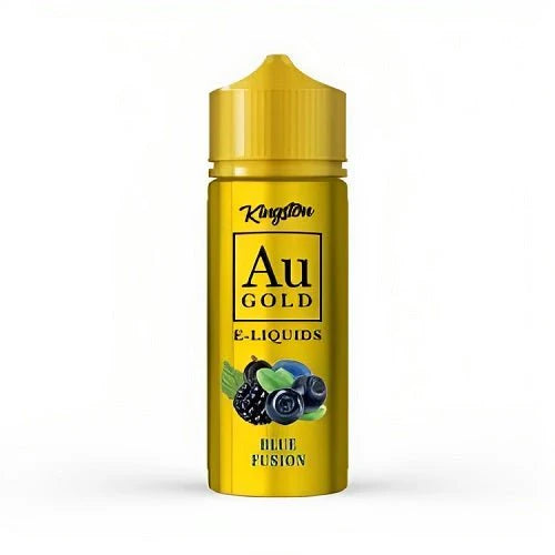 100ml shortfill bottle of Kingston AU Gold E-Liquid in Blue Fusion flavor, crafted with a premium high-VG formula, nicotine-free with space for nic shots.