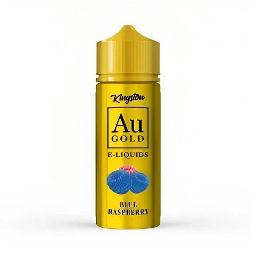 100ml shortfill bottle of Kingston AU Gold E-Liquid in Blue Raspberry flavor, crafted with a premium high-VG formula, nicotine-free with space for nic shots.