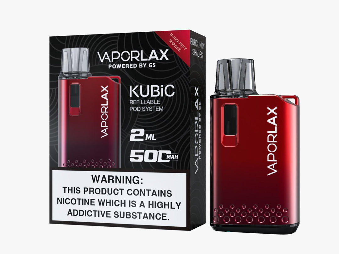 Vaporlax Kubic Refillable Pod Kit in Burgundy Shades – compact and stylish refillable vape device with a smooth draw activation, and user-friendly design.