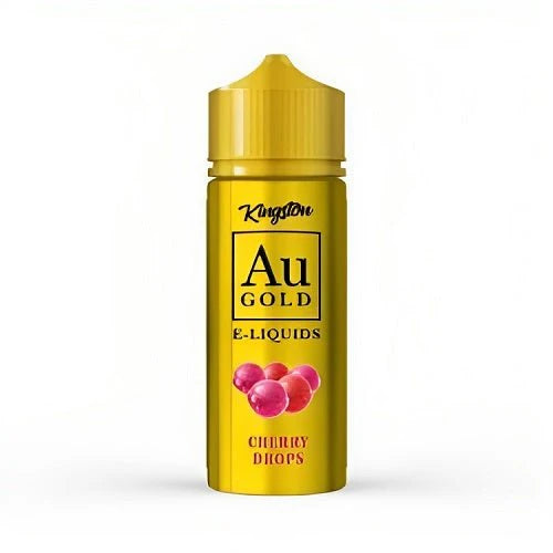 100ml shortfill bottle of Kingston AU Gold E-Liquid in Cherry Drops flavor, crafted with a premium high-VG formula, nicotine-free with space for nic shots.