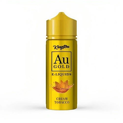 100ml shortfill bottle of Kingston AU Gold E-Liquid in Cream Tobacco flavor, crafted with a premium high-VG formula, nicotine-free with space for nic shots.