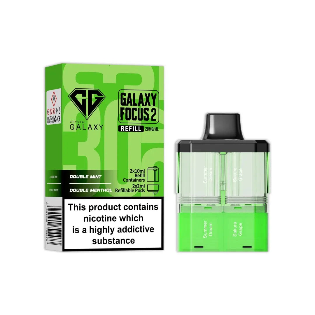 Crystal Galaxy Focus 2 Replacement Pods in Double Mint / Double Menthol β prefilled pods for the Focus 2 vape kit, up to 30,000 puffs.