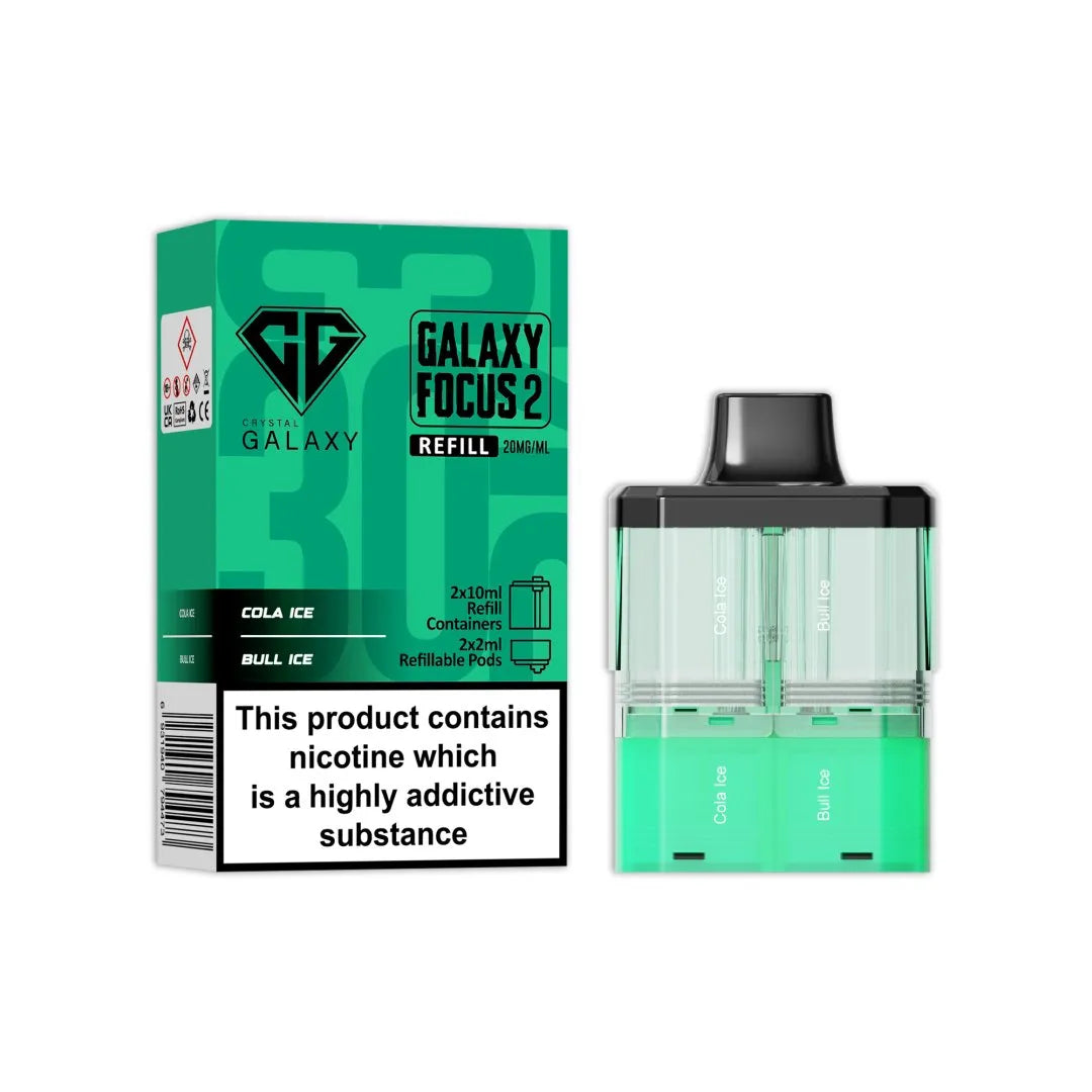 Crystal Galaxy Focus 2 Replacement Pods in Cola Ice / Bull Ice β prefilled pods for the Focus 2 vape kit, up to 30,000 puffs.
