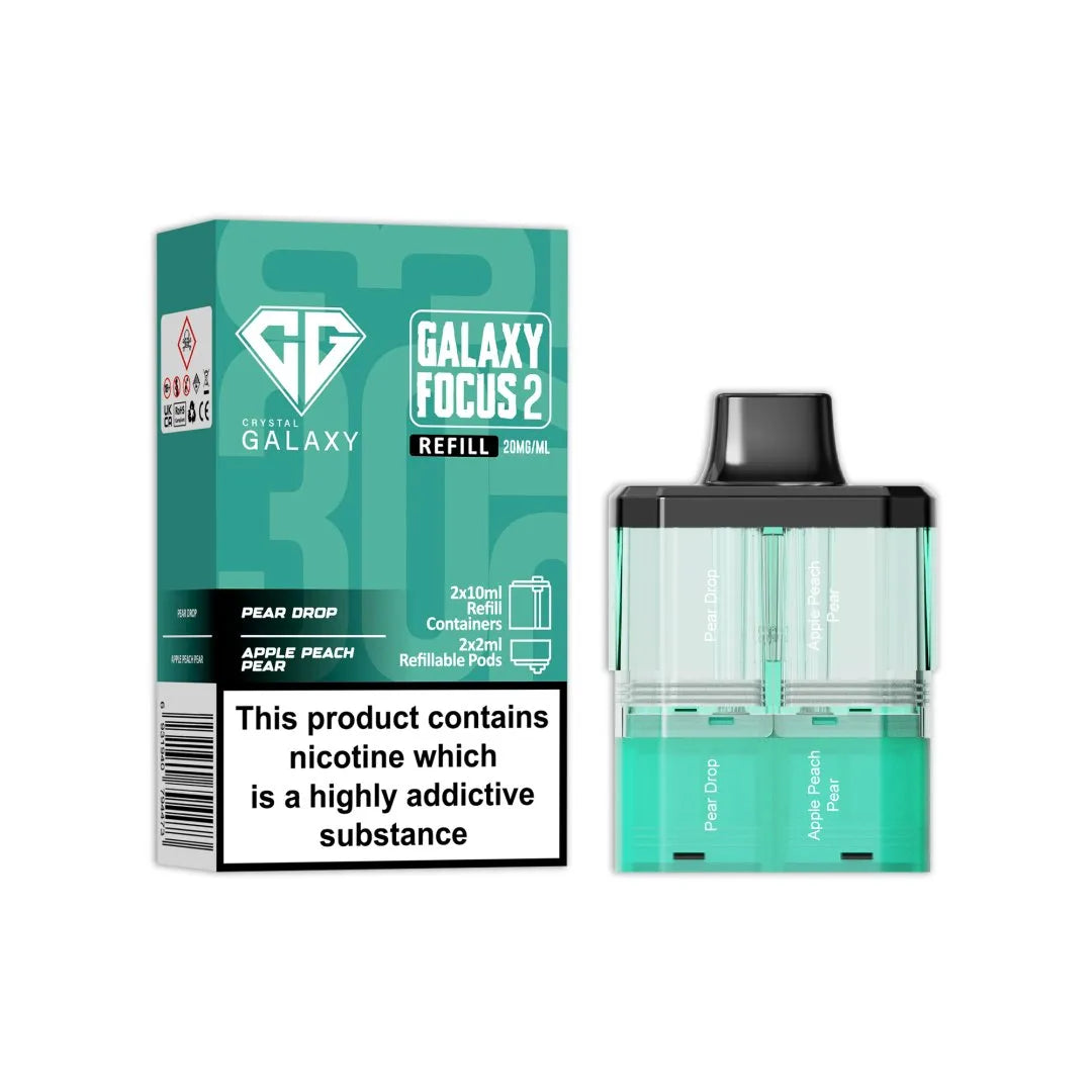 Crystal Galaxy Focus 2 Replacement Pods in Pear Drop / Apple Peach Pear β prefilled pods for the Focus 2 vape kit, up to 30,000 puffs.