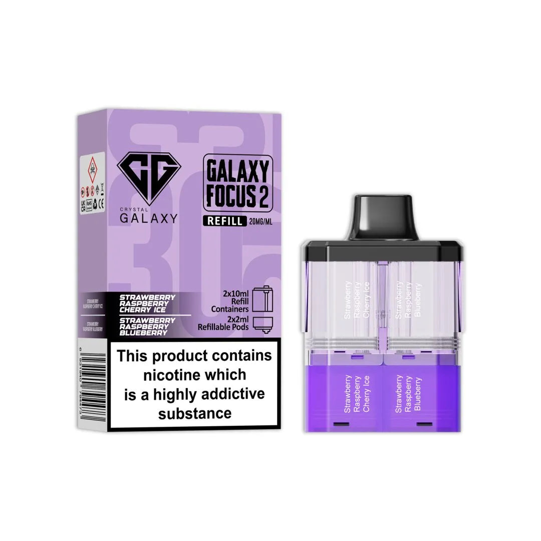 Crystal Galaxy Focus 2 Replacement Pods in Strawberry Raspberry Cherry Ice / Strawberry Raspberry Blueberry β prefilled pods for the Focus 2 vape kit, up to 30,000 puffs.
