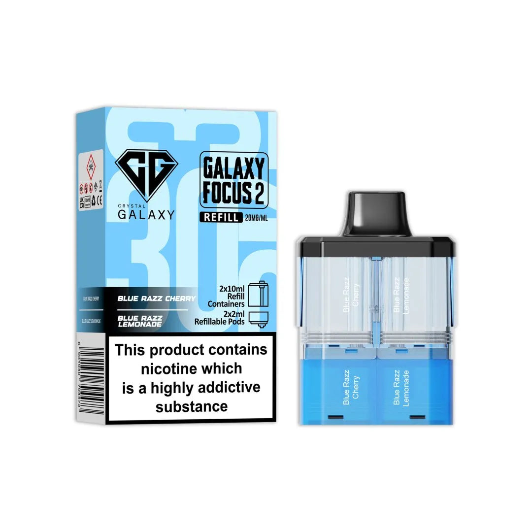 Crystal Galaxy Focus 2 Replacement Pods in Blue Razz Cherry / Blue Razz Lemonade β prefilled pods for the Focus 2 vape kit, up to 30,000 puffs.