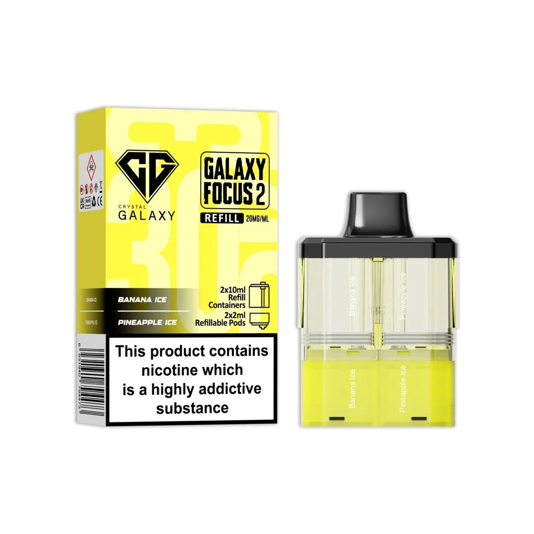 Crystal Galaxy Focus 2 Replacement Pods in Banana Ice / Pineapple Ice β prefilled pods for the Focus 2 vape kit, up to 30,000 puffs.
