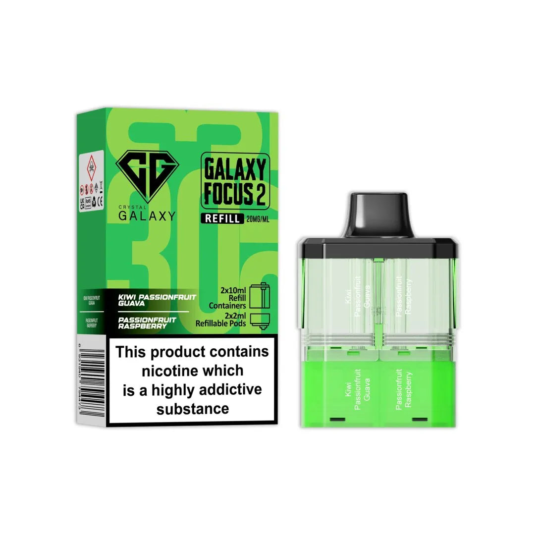 Crystal Galaxy Focus 2 Replacement Pods in Kiwi Passionfruit Guava / Passionfruit Raspberry β prefilled pods for the Focus 2 vape kit, up to 30,000 puffs.