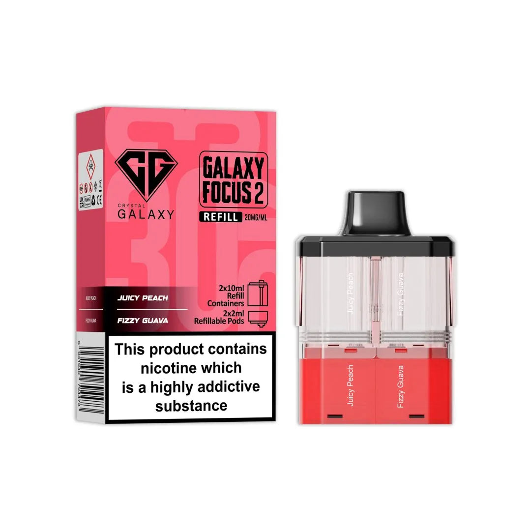 Crystal Galaxy Focus 2 Replacement Pods in Juicy Peach / Fizzy Guava β prefilled pods for the Focus 2 vape kit, up to 30,000 puffs.