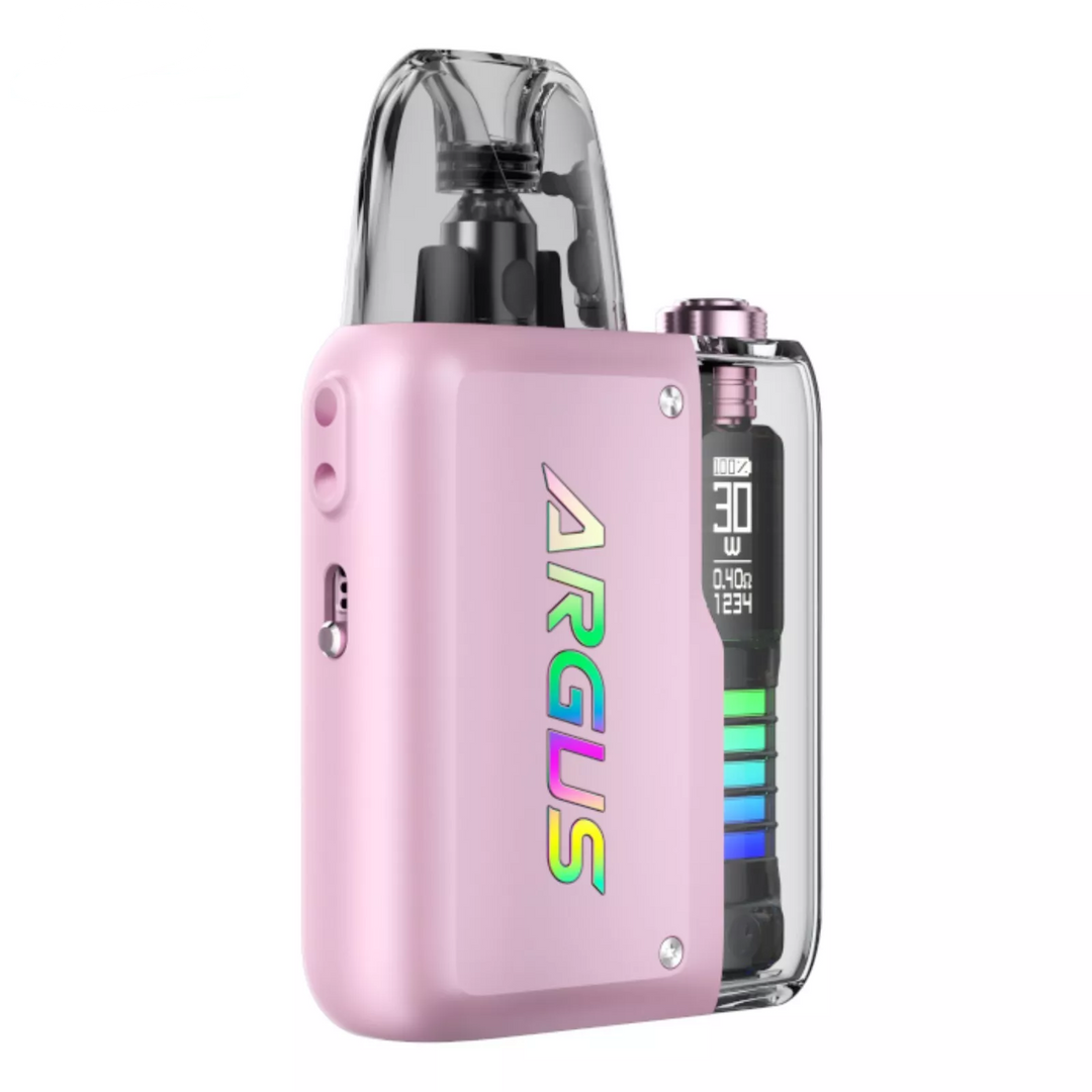 VOOPOO Argus P2 Pod Kit in Crystal Pink – sleek and compact pod vape with a dynamic LED display, adjustable wattage, and smooth performance for everyday vaping.