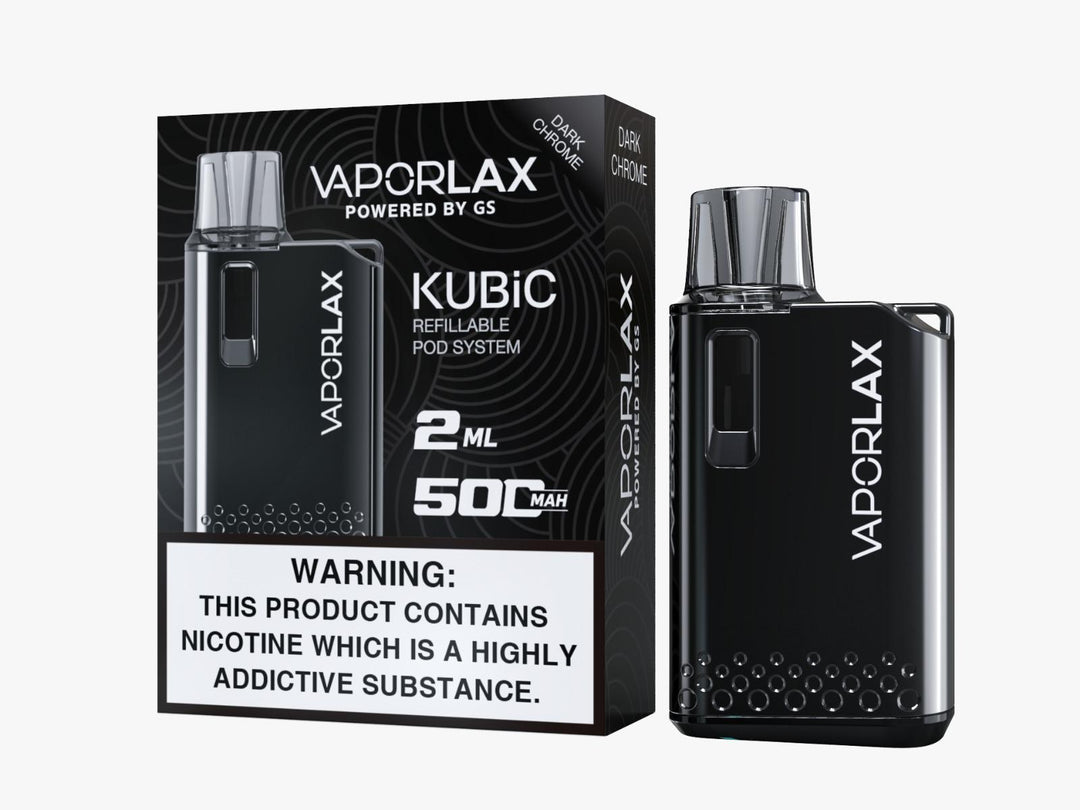 Vaporlax Kubic Refillable Pod Kit in Dark Chrome – compact and stylish refillable vape device with a smooth draw activation, and user-friendly design.