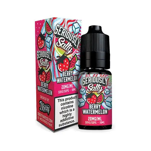 A 10ml bottle of Seriously Salty Berry Watermelon nicotine salt e-liquid with a childproof cap, next to its colorful packaging box which indicates the flavor and product specifications.