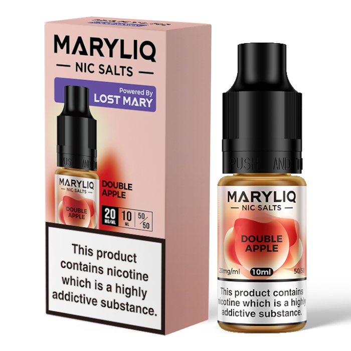 10ml bottle of MARYLIQ Nic Salts E-Liquid in Double Apple flavor, 20mg nicotine salt strength for a smooth and satisfying throat hit, ideal for refillable pod kits and MTL vaping.