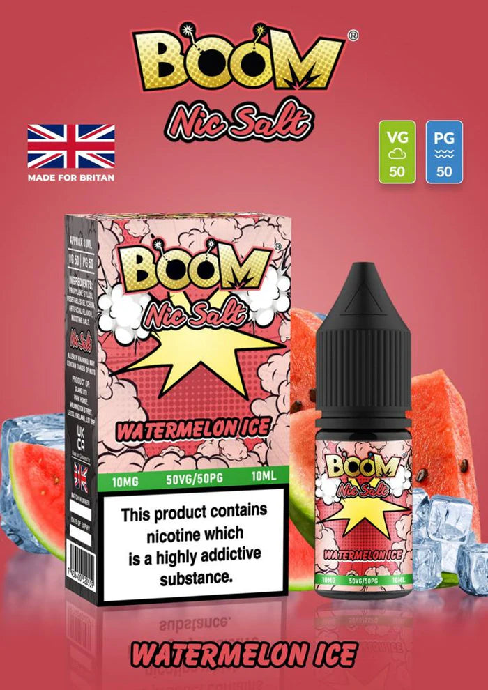 A product image featuring a bottle of Boom Watermelon Ice e-liquid, with a background of ice cubes and watermelon slices, indicating the flavor of the product.