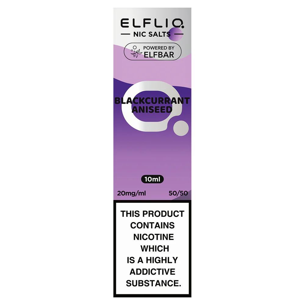 A bottle of ELFBAR ElfLiq Nic Salts e-liquid in Blackcurrant Aniseed flavor, with a label indicating 10ml volume, 20mg nicotine strength, and other product details.