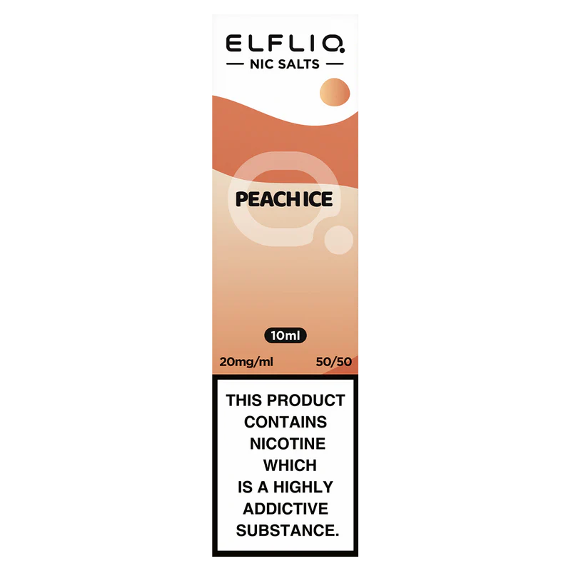 A bottle of ELFBAR ElfLiq Nic Salts e-liquid in Peach Ice flavor, containing 10ml of liquid with a nicotine content warning label.