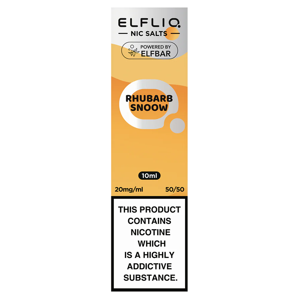 A product image displaying the packaging of ELFBAR ElfLiq Nic Salts, with the flavor 'Rhubarb Snoow' indicated on the label. The packaging is primarily orange with text stating the product contains nicotine.
