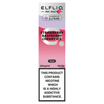 Load image into Gallery viewer, A bottle of ELFBAR ElfLiq Nic Salts e-liquid in Strawberry Raspberry Cherry Ice flavor, 10ml size, with nicotine strength indicators.