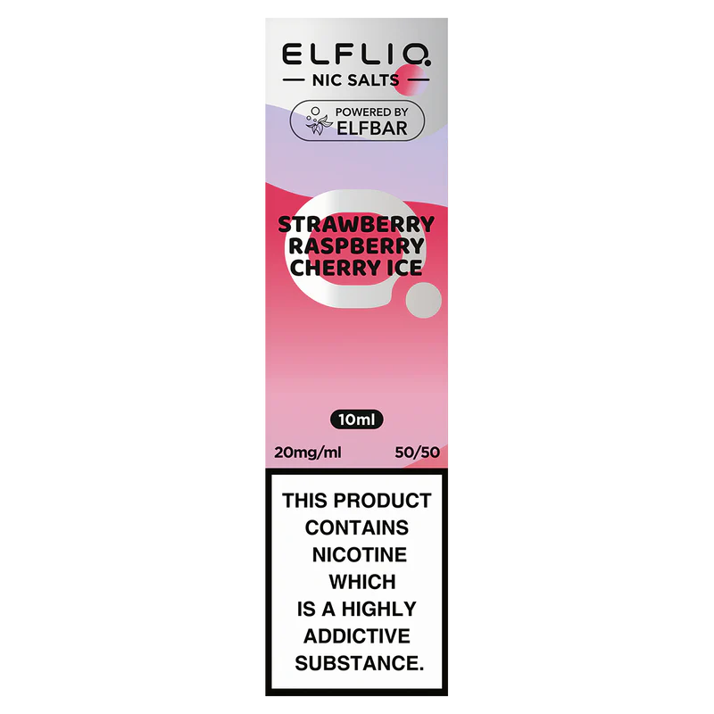 A bottle of ELFBAR ElfLiq Nic Salts e-liquid in Strawberry Raspberry Cherry Ice flavor, 10ml size, with nicotine strength indicators.