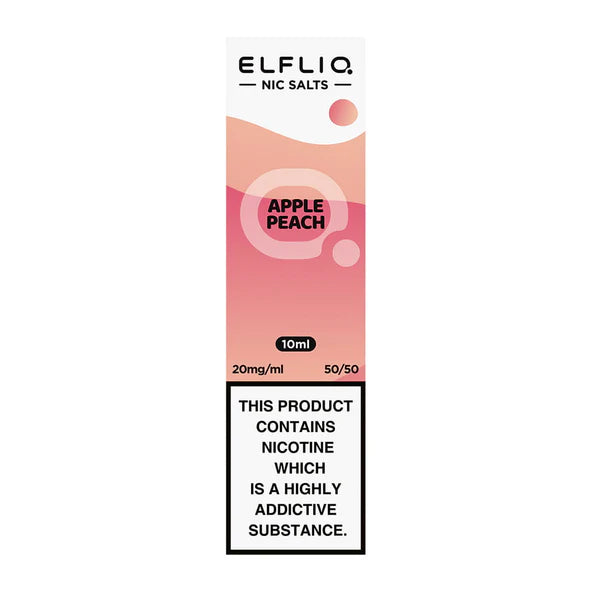A product image showing a 10ml bottle of Elf Bar ElfLiq Apple Peach Nic Salt Vape Juice with a label indicating the flavor and nicotine content.