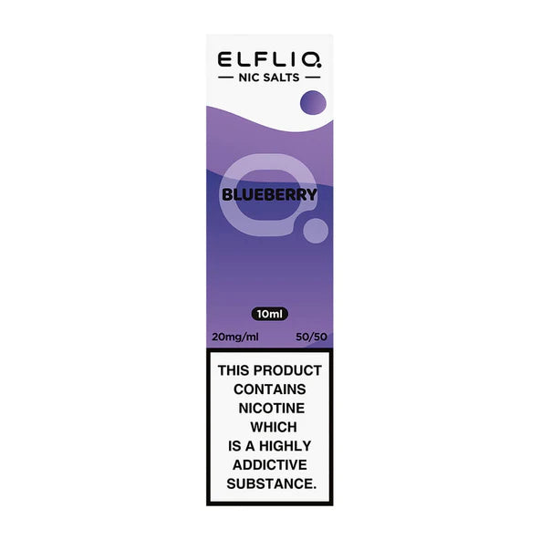 A bottle of Elf Bar ElfLiq Blueberry Nic Salt Vape Juice, 10ml size, with a label indicating the flavor and nicotine content.