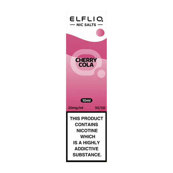 A bottle of Elf Bar ElfLiq Cherry Cola Nic Salt Vape Juice, 10ml with a pink label.