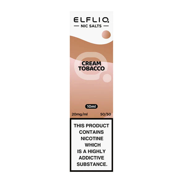 10ml Elf Bar ElfLiq Nic Salt E-Liquids featuring Cream Tobacco and Snow Tobacco flavors; Cream Tobacco offers a smooth blend of rich tobacco and creamy undertones, while Snow Tobacco delivers a bold tobacco taste with a refreshing menthol finish; both ideal for refillable pod systems with 10mg or 20mg nicotine salt options.