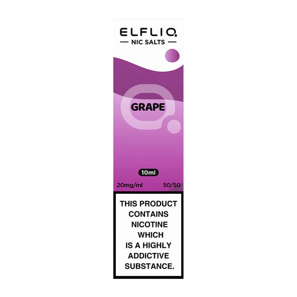 A bottle of Elf Bar ElfLiq Grape Nic Salt Vape Juice, 10ml with a concentration of 20mg nicotine. The liquid is intended for use with pod systems and low-wattage devices.
